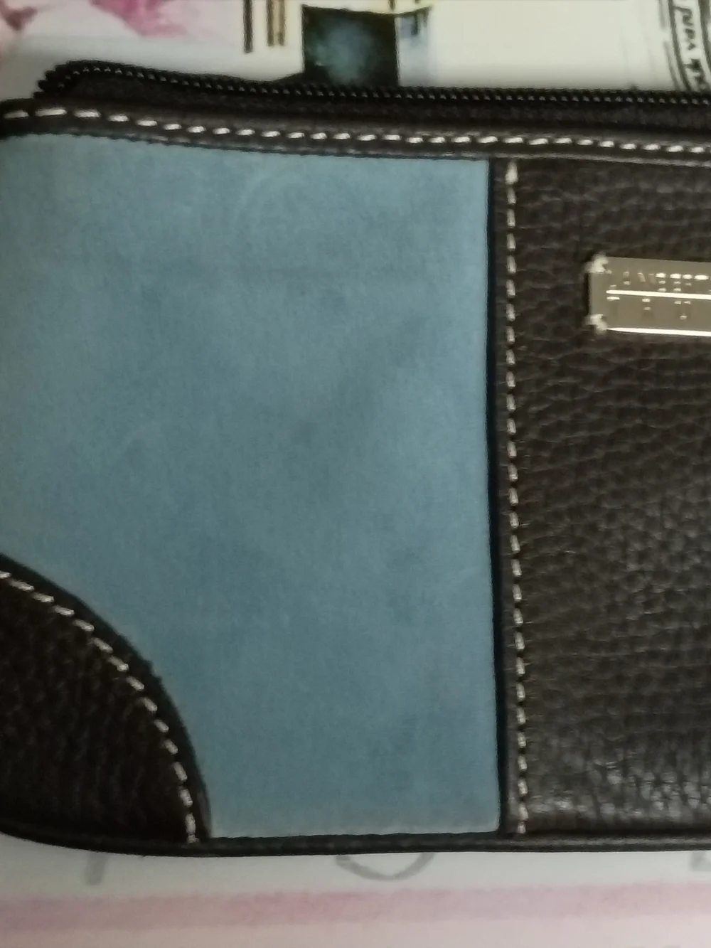 ❤️LAMBERTSON TRUEX BLOOMINGDALES Blue Suede / Brown Leather Clutch Wristlet Bag